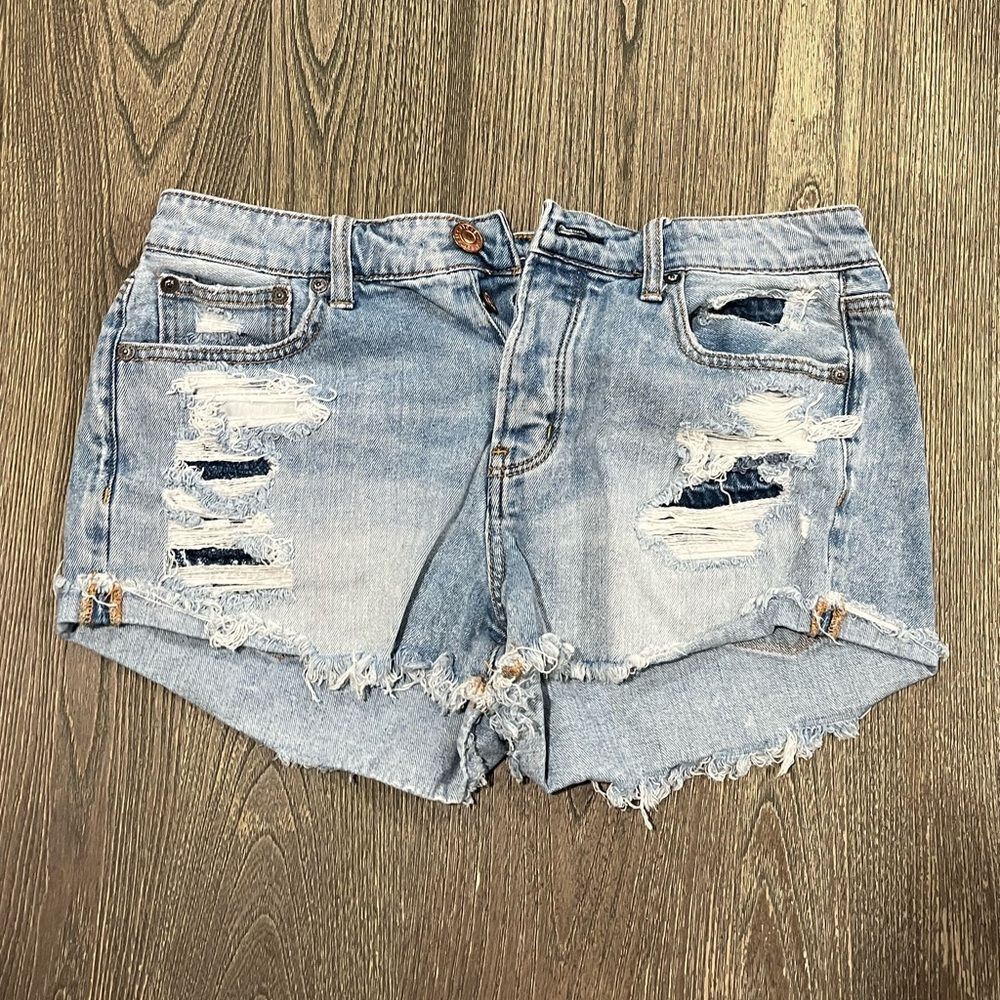 American Eagle Cut-Off Jean Short Mid-Rise Distressed Button Fly Blue Size 8